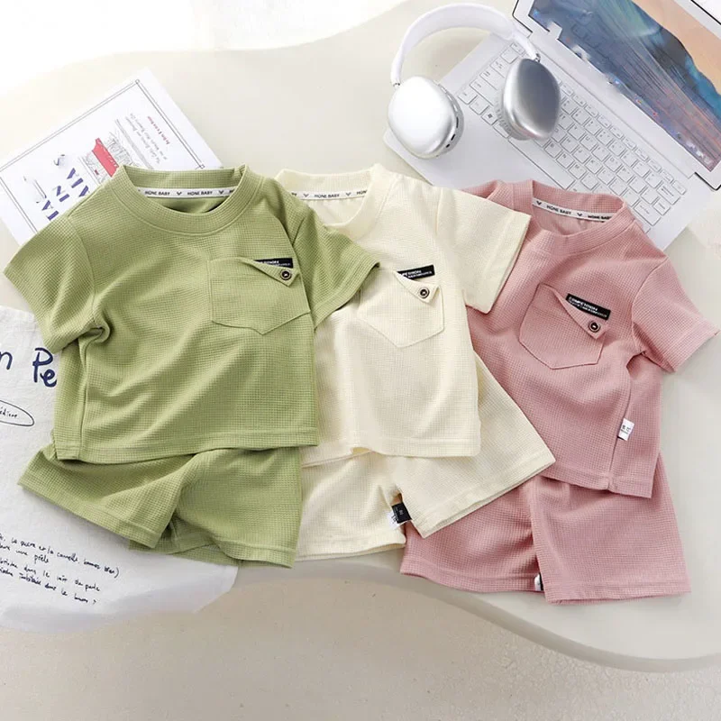 ملابس الأطفال الصيف الهراء ملابس بأكمام قصيرة موضة بنين بنات قميص رياضي غير رسمي رقيقة الصلبة بلوزة أطفال + فستان أطفال مع سروال داخلي