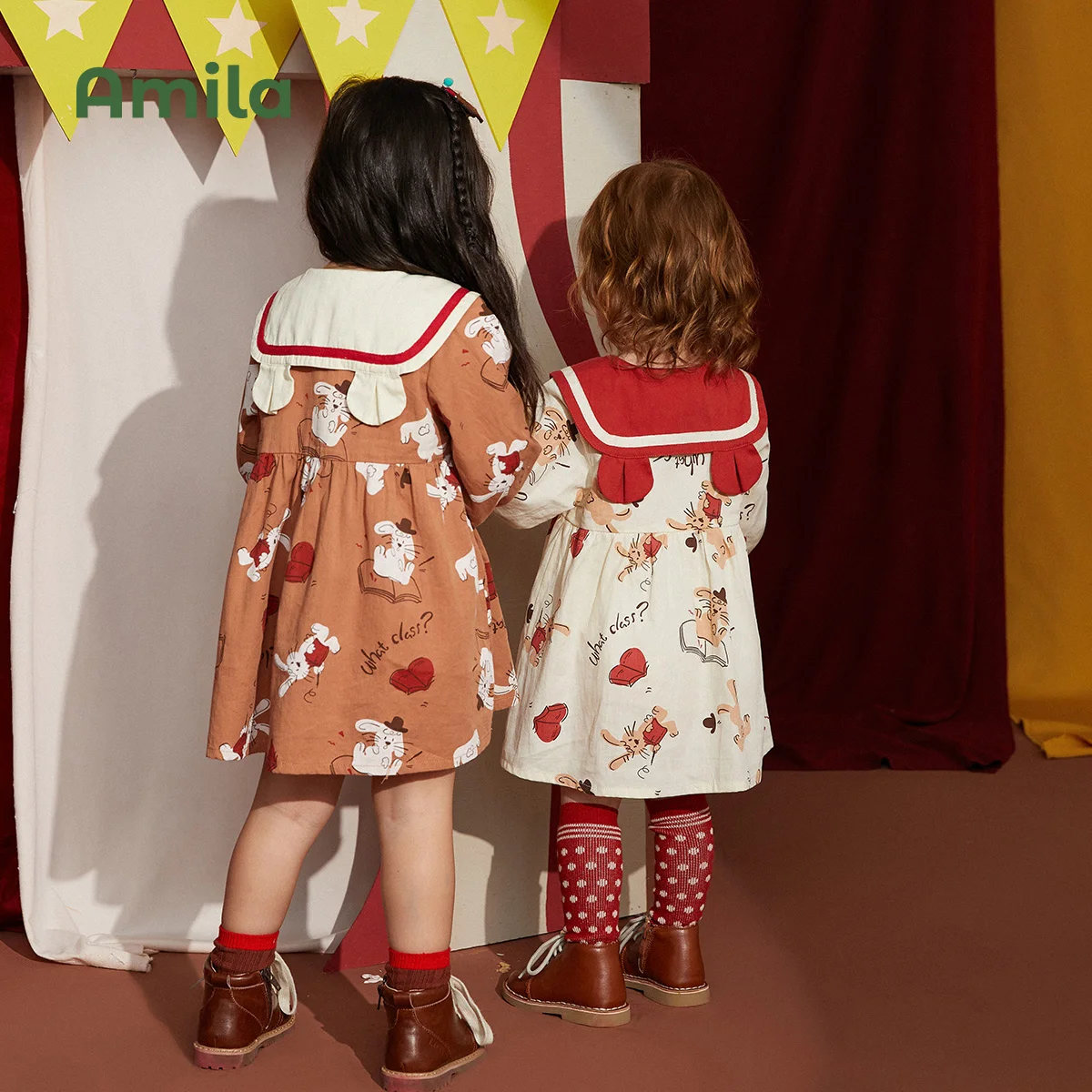 Baby Dress Spring Academic Style Long Sleeves A-line Dresses For Girls Cute Cartoon Print