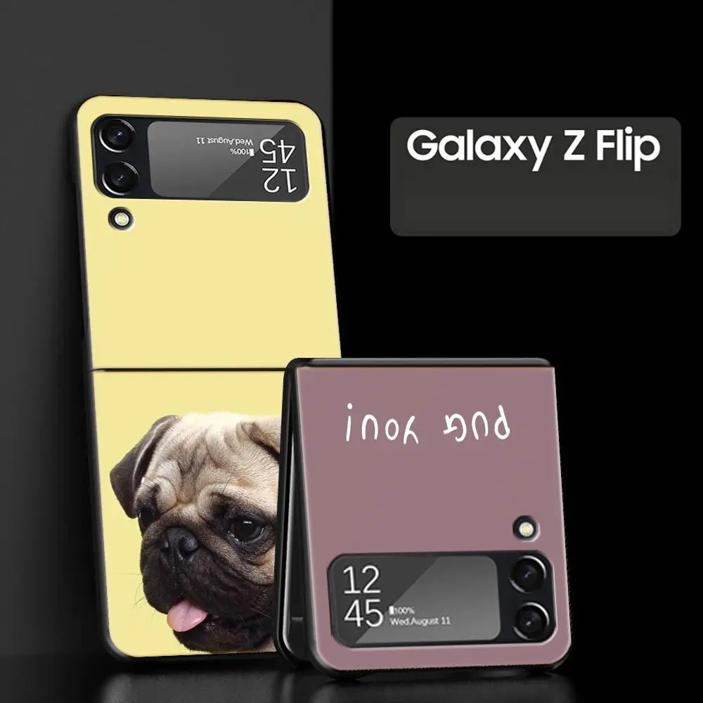 Folding Black Shell Phone Case with Cute Pug Design - PC Hard Cover