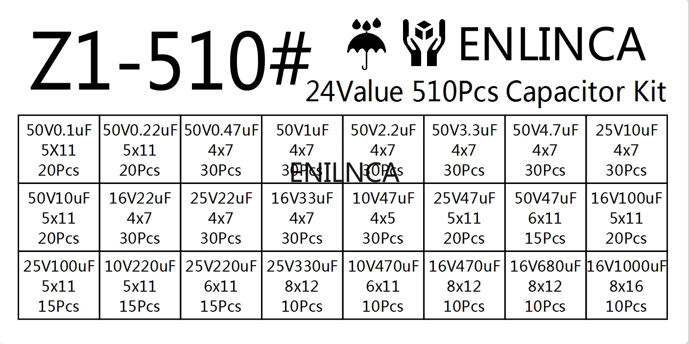 Aluminum electrolytic capacitor 510Pcs/lot 0.1UF-1000UF 24Values Aluminum Electrolytic Capacitors 16-50V mix Electrolytic capacitor Assorted kit and storage box