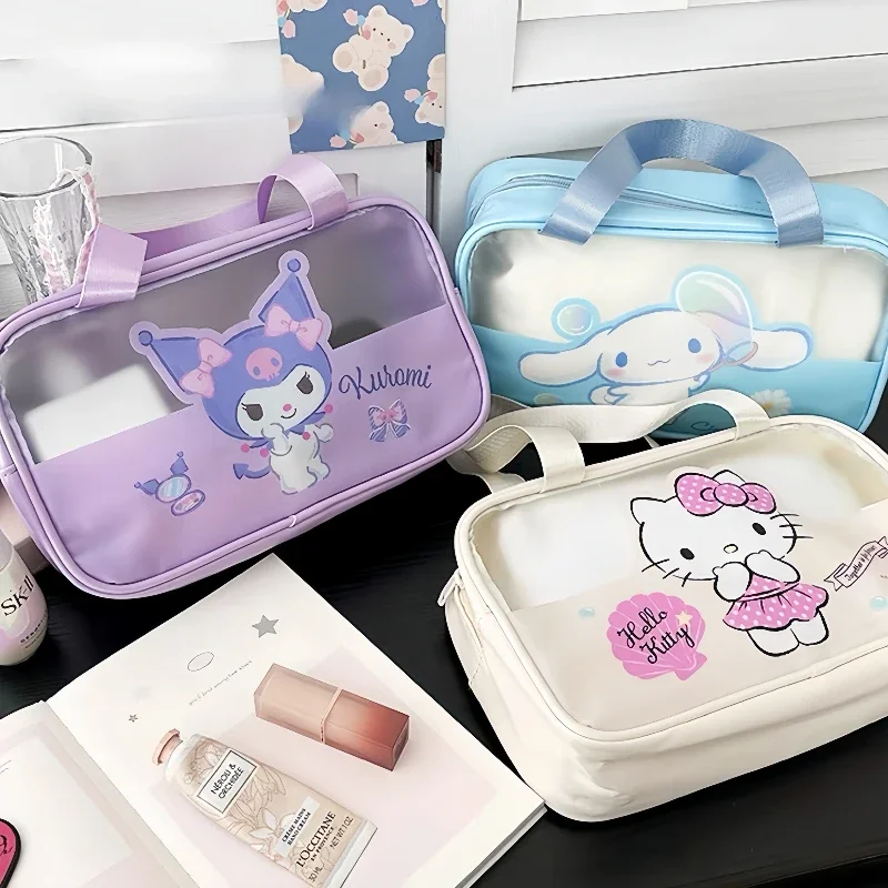 Japanese Sanrio Kawaii Hello Kitty Organizer Portable Cosmetic Bag Transparent Waterproof Portable Stationery Storage Supplies