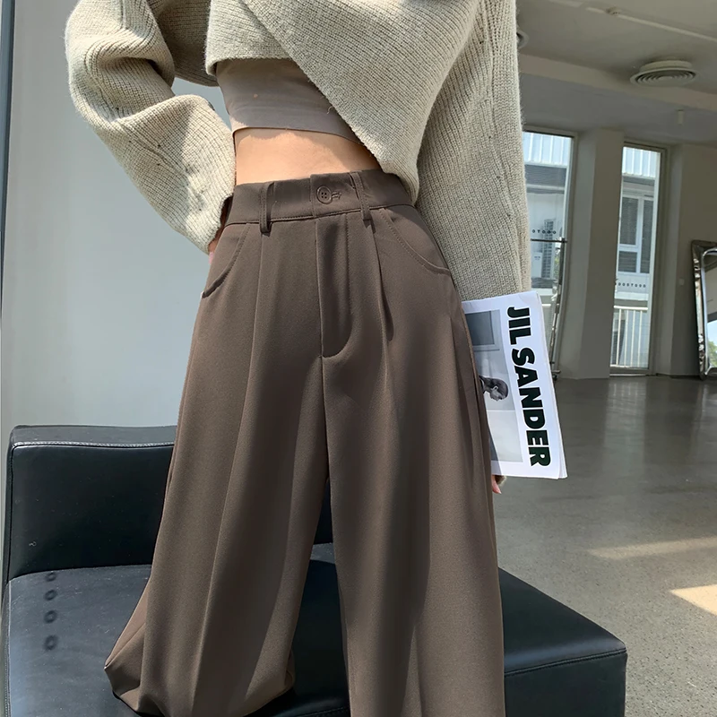 Black Suit Wide Leg Pants Women 2023 Fall High Waist Drop Small Straight  Leg Casual Trouser Fashion All Match Pocket Streetwear