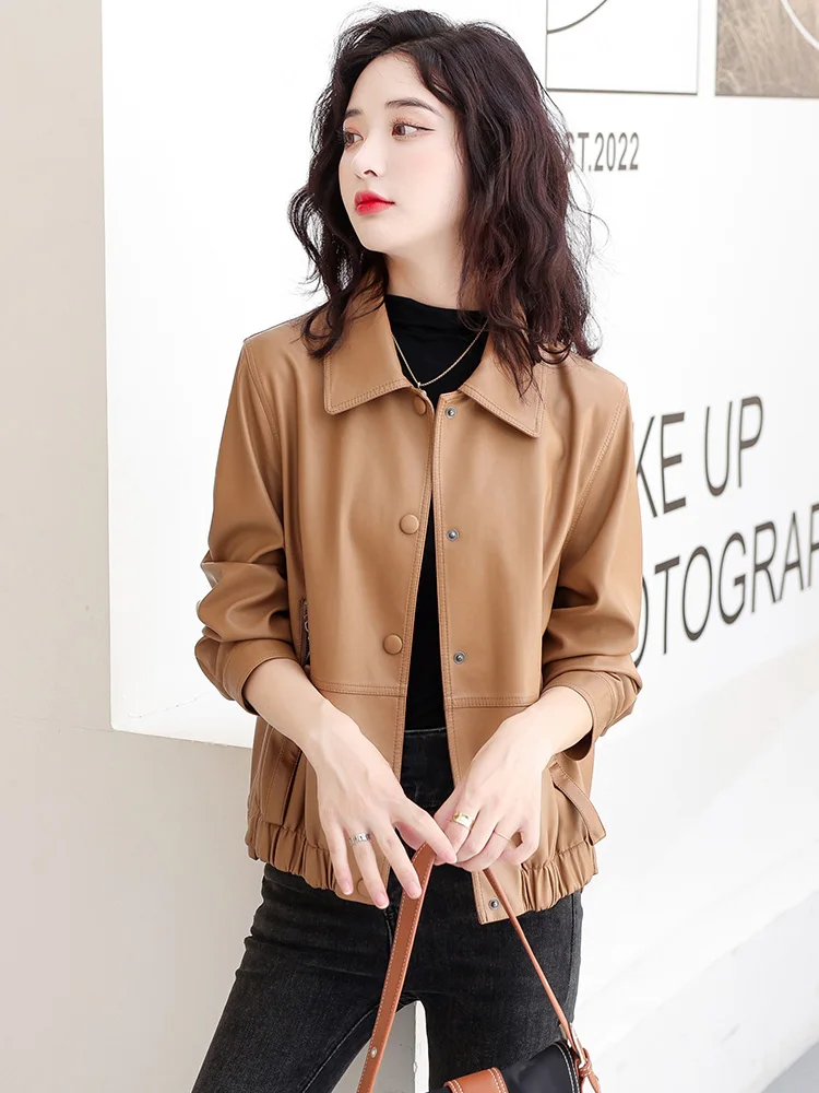 New Women Short Leather Coat Autumn Winter Casual Fashion Turn-down Collar Plus Cotton Liner Warm Slim Sheep Leather Jacket