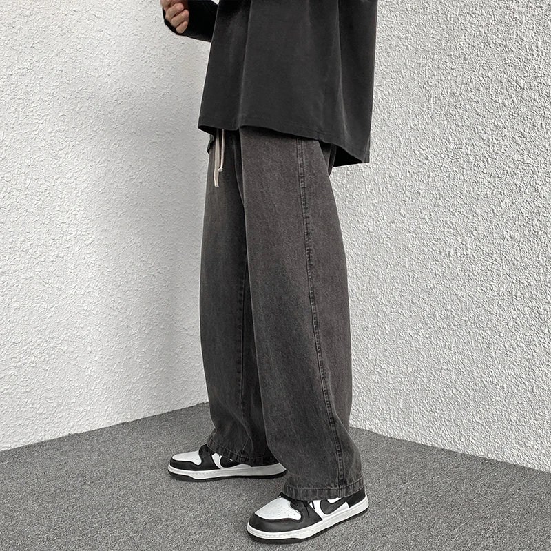 Spring and Autumn Elastic Waist Student Jeans High Waist Slim Looking Short Loose Straight Wide Leg Pants