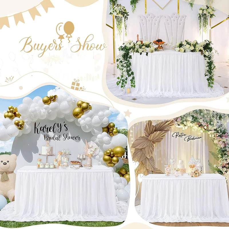 White Table Skirts Chiffon Semi-Sheer Tablecloths for Backyard Weddings Birthday Party Baby Shower Cake Dinner Table Decorations 4