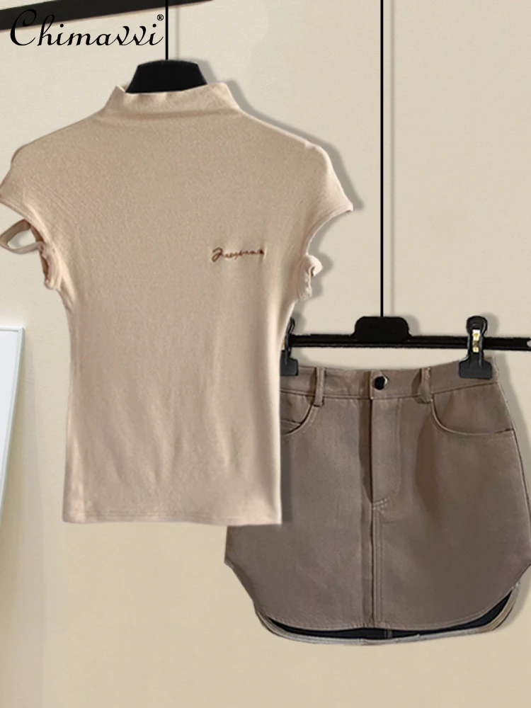 

Sexy Hot Girl Skirt Sets Short Sleeve Half Turtleneck Slim T-shirt High Waist Casual Skirt Two-Piece Outfits Female Summer 2024