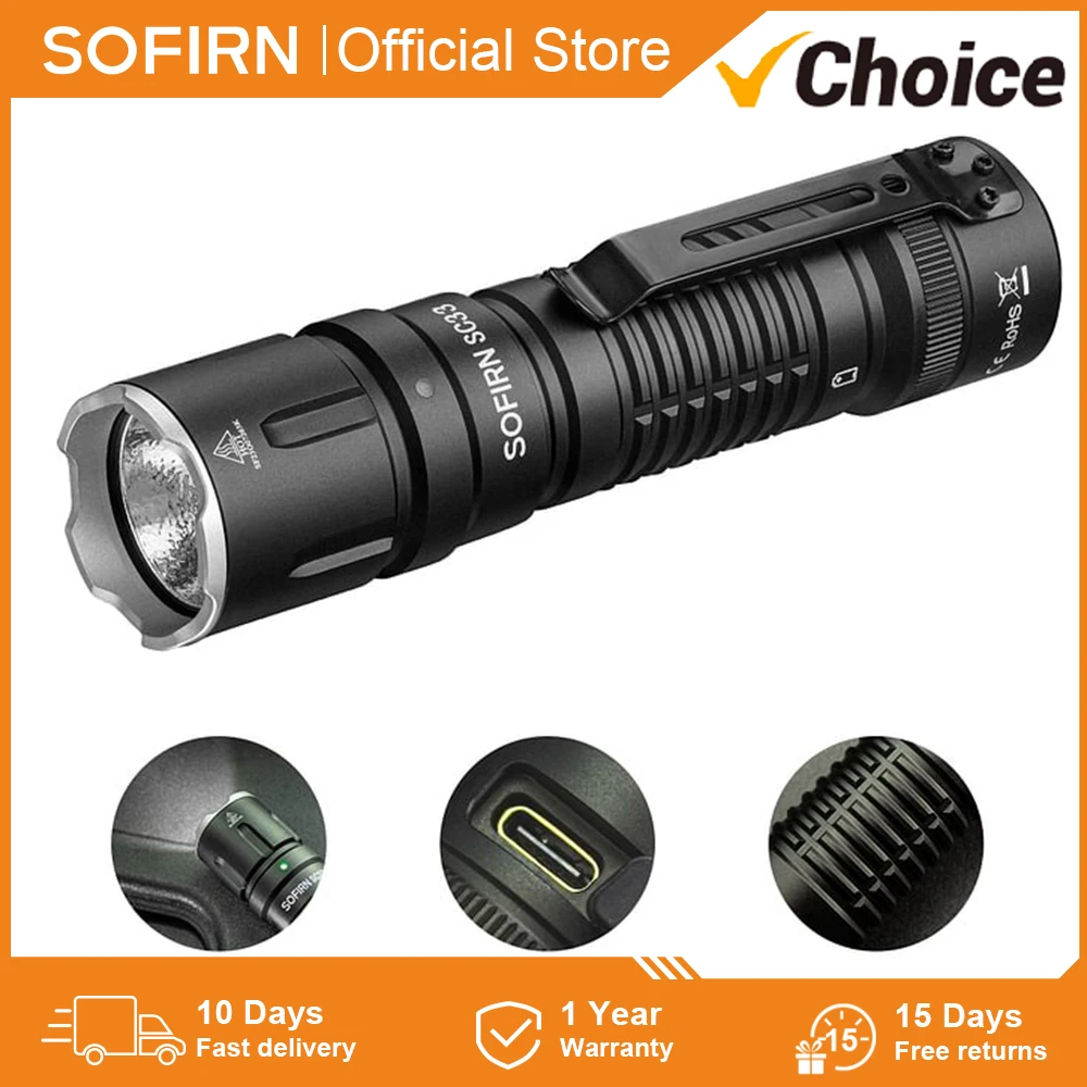 Sofirn SC33 XHP70.3 HI Tactical 5200lm LED Flashlight Powerful 21700 Type-C Self Defense Strobe Light Torch with Tail E-Switch