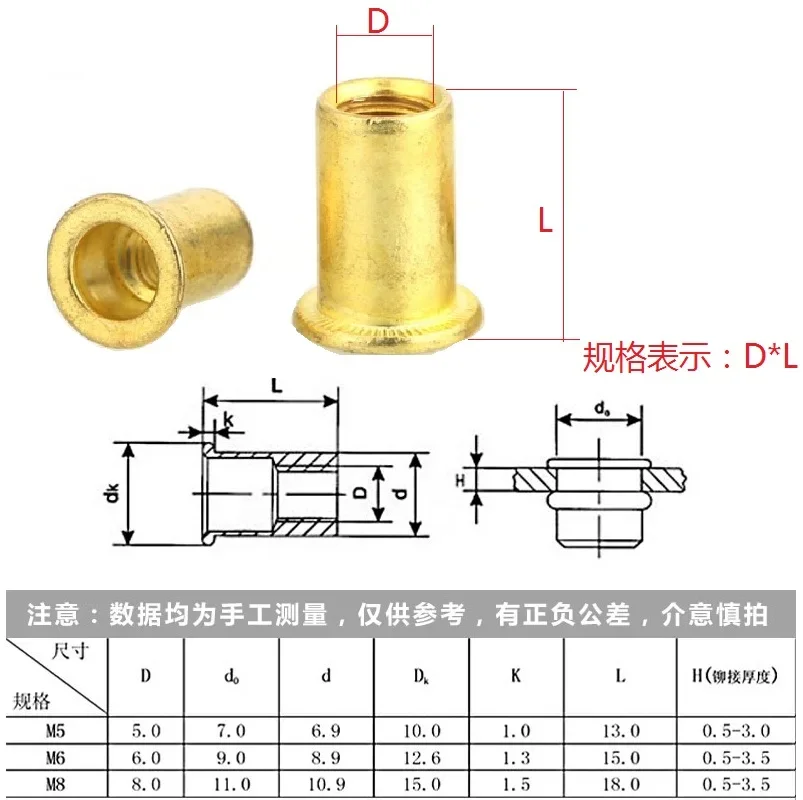 [m5m6m8] 32 copper perforated rivet nut brass flat head pull mother pull cap nut brass smooth anchor pull mother nut