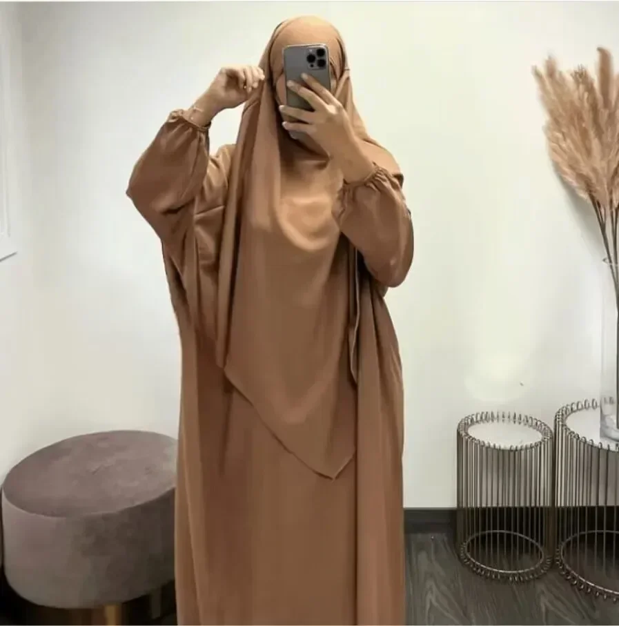 Long Hijab Khimar with Abaya Dress Jilbab 2 Piece Set for Women Ramadan Muslim Prayer Clothes Islam Abayas Dubai Niqab Djellaba