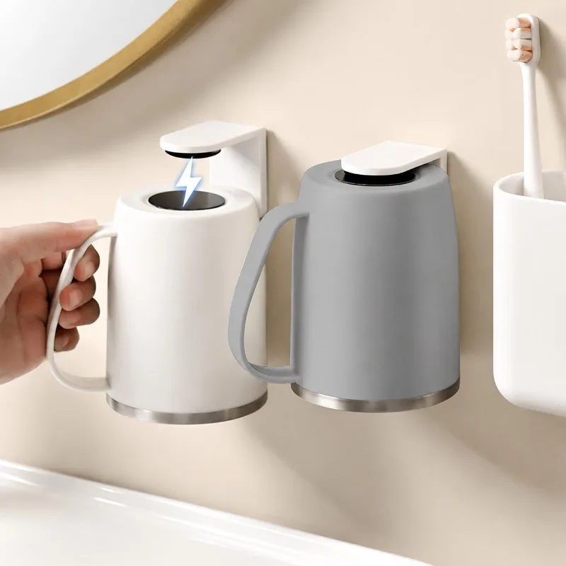 Magnetic Suction Wall-Mounted Holder 304 Stainless Steel, No Drilling With Handle, Bathroom Toothbrush Cup_voghion.com