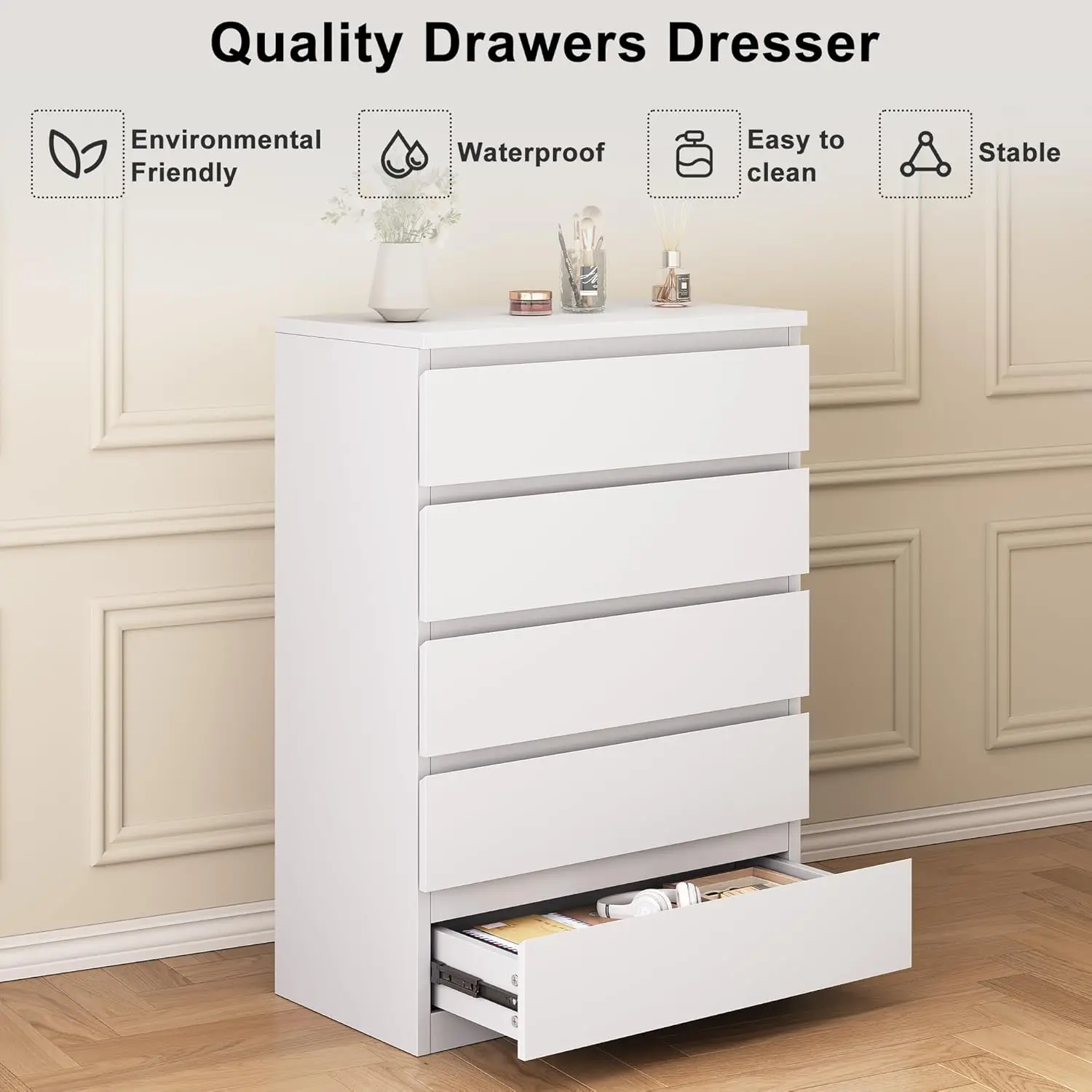 Black dresser in bedroom setting