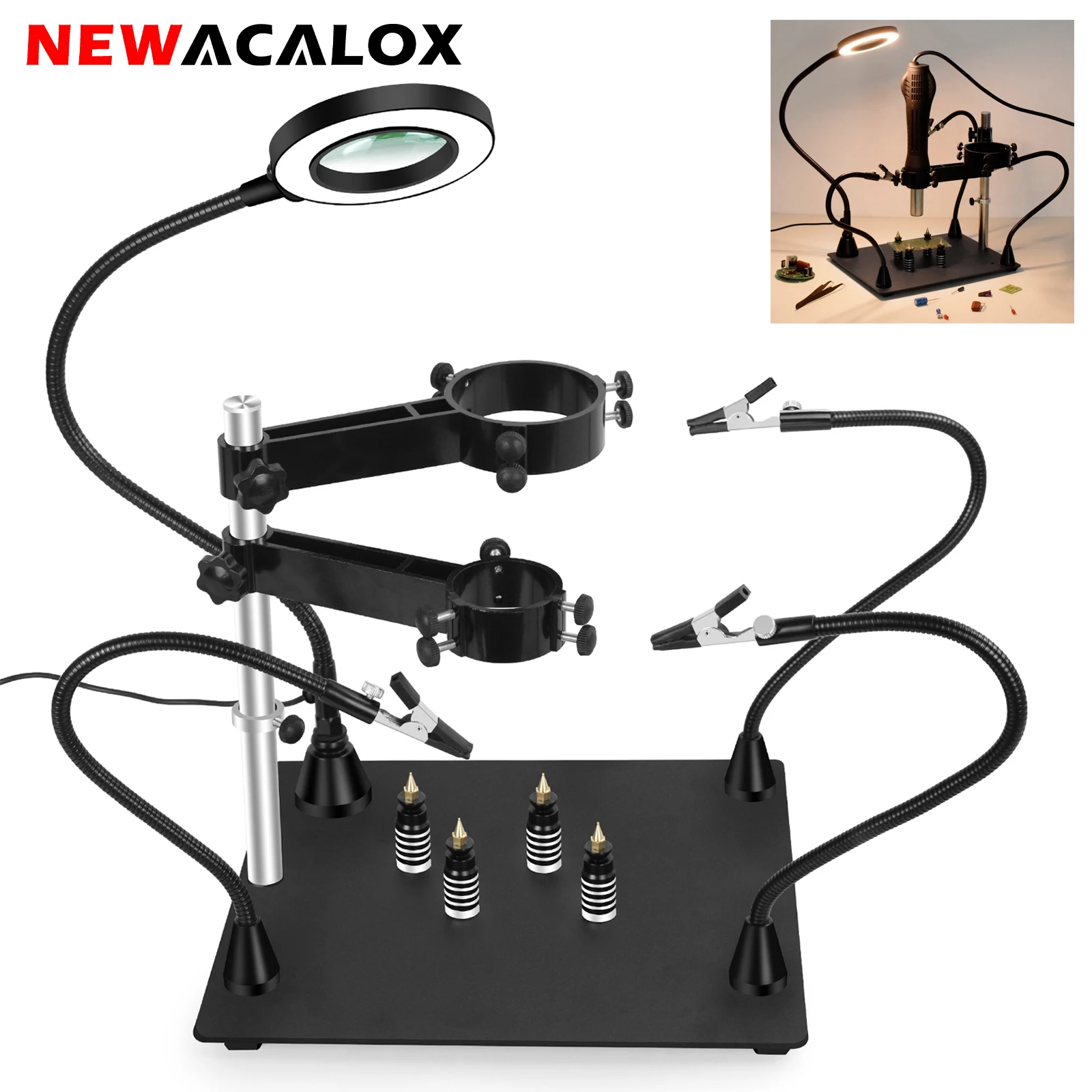 NEWACALOX Magnetic Flexible Welding Third Hand Heat Gun Holder with 3X LED Magnifier for PCB Repair Helping Rework Station newacalox soldering helping hands third hand tools with large vise base soldering iron tips cleaner ball 3x led magnifying lamp