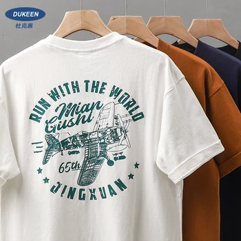 Dukeen 11.2oz 남성용 헤비웨이트 반팔 티셔츠, 빈티지 트렌드 프린트 100% 코튼 셔츠, 남성용 화이트 탑, 320G, 여름