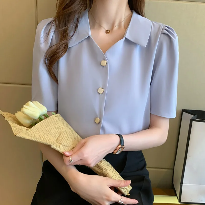 Women's Clothing Loose French Fashion V-neck Chiffon Top Summer New Solid Short Sleeved Shirt Office Lady Cardigan