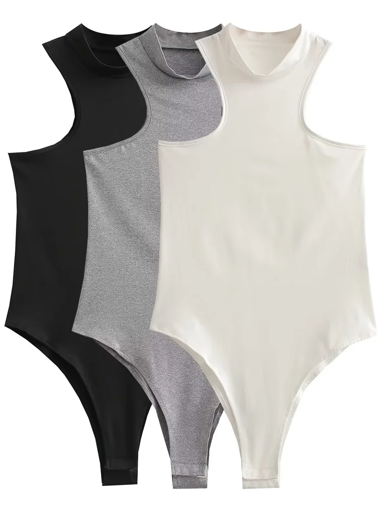 

MESTTRAF Sexy Design 2023 Fashion Y2K Solid Color Slim Round Neck Bodysuits Vintage Sleeveless Snap-button Female Playsuits