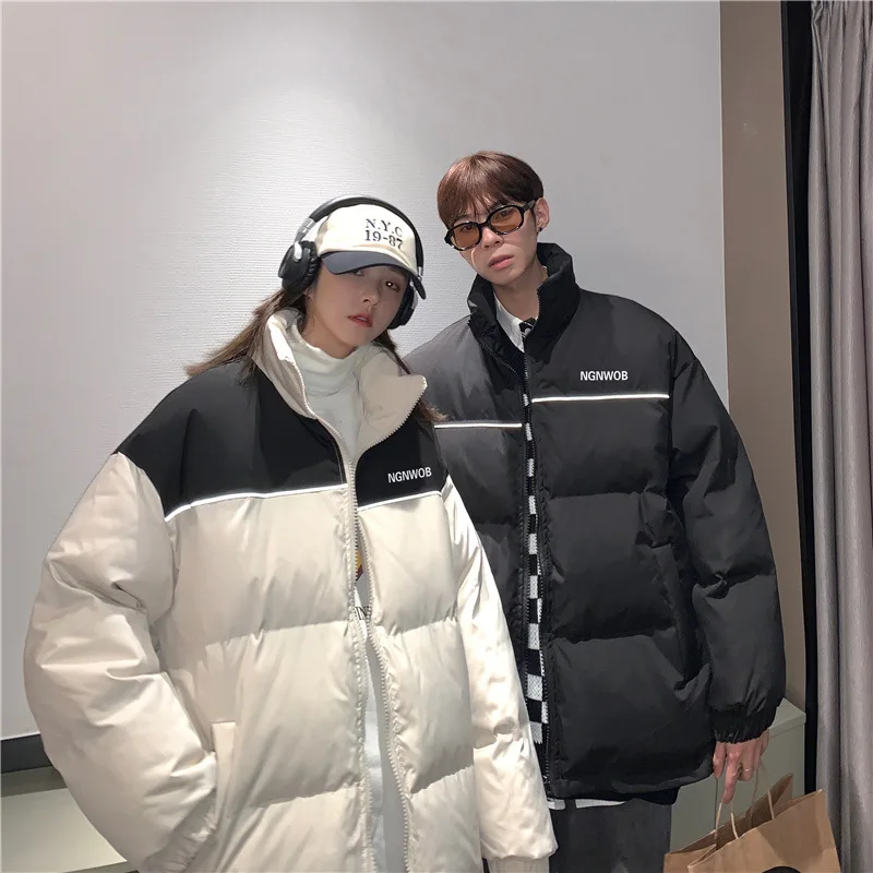 

2024 New Winter Stand Up Collar Bread Cotton Coat Korean Edition Fashion Men's And Women's Loose Reflective Stripe Cotton Coat