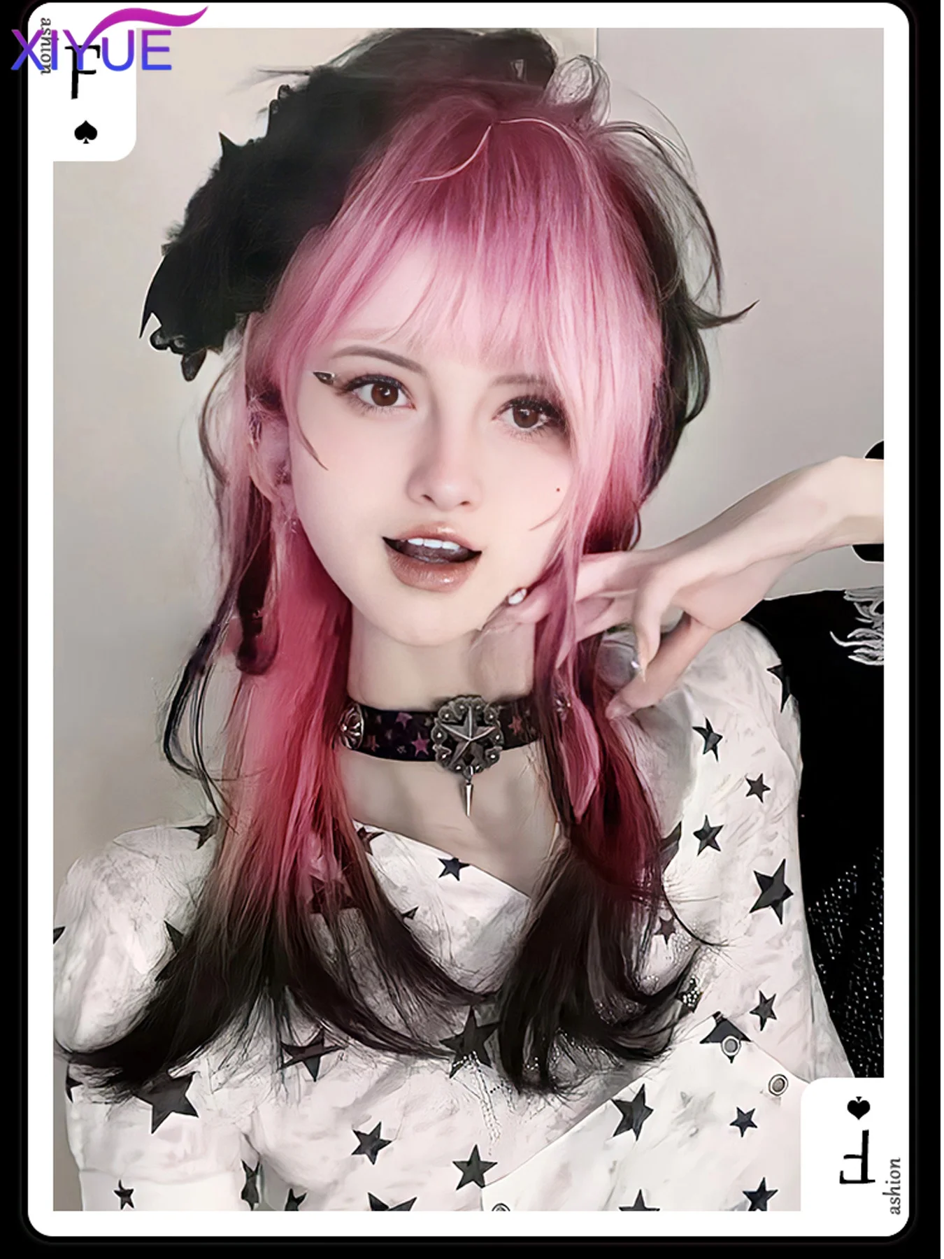 Black Pink Ombre Synthetic Wigs For Cosplay Long Wavy Layered Wigs With Bangs For Women Heat Resistant Fake Hair