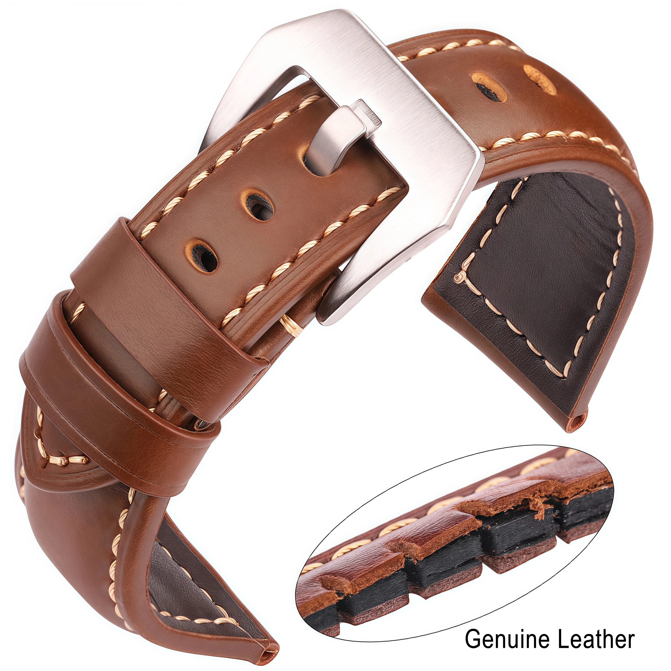 Elegant Dark Brown Genuine Leather Watch Band - Premium Cowhide Replacement Strap