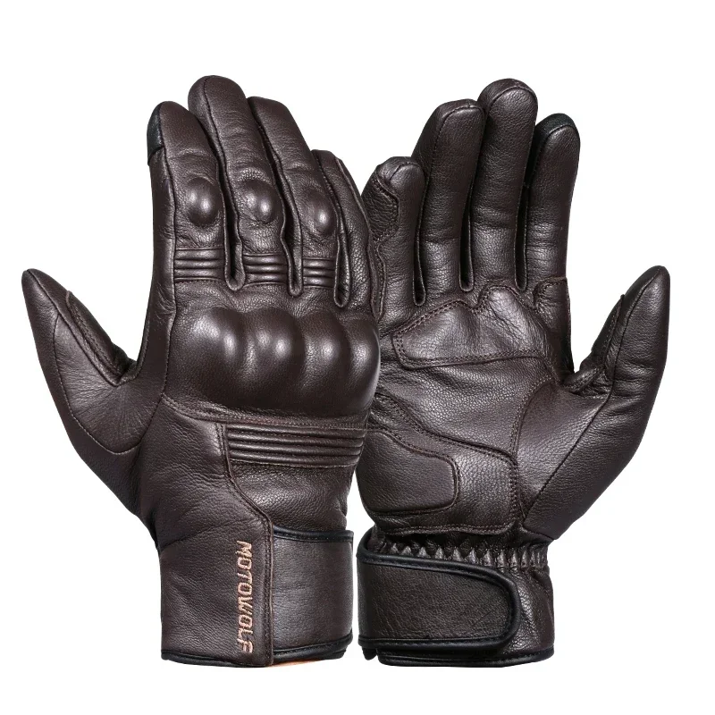 MOTOWOLF Motorcycle Gloves Leather Touchscreen Full Finger Seasons Gloves with Carbon Fiber Hard Knuckle Anti fall