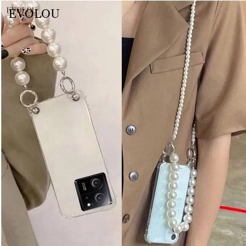 Pearl Bracelet Chain Crossbody Lanyard Phone Case - Soft Silicone Cover
