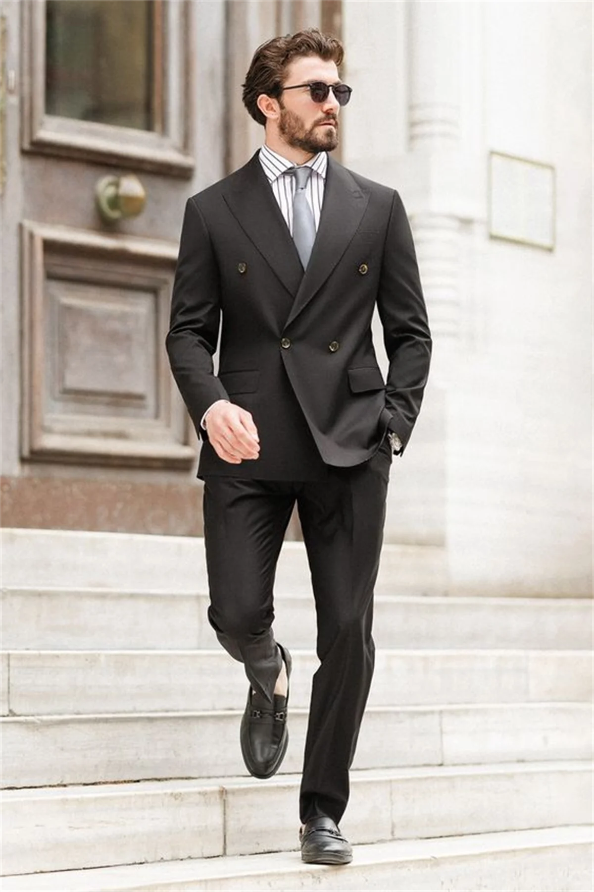 Business Double-breasted Navy Blue Suits For Men Slim Fit Wedding Groom Tuxedos 2 PCS Sets Office Work Male Blazer Costume Homme