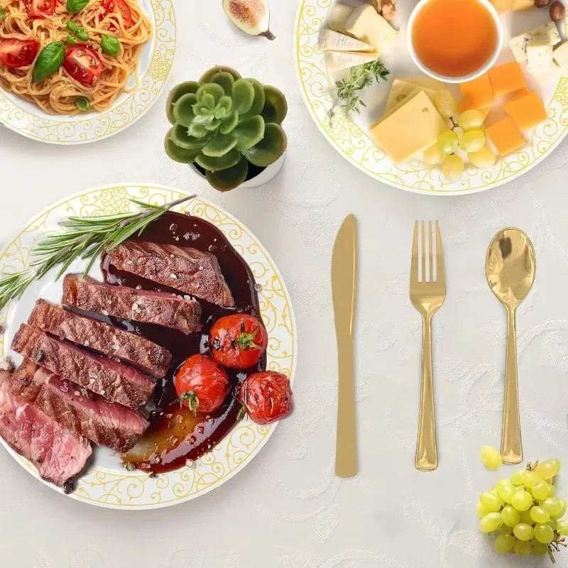 150 Pieces Disposable Plates Plastic Dinnerware Set for 25 Guests: Dinner Plates, Dessert Plates, Forks, Spoons, Knives, Cups