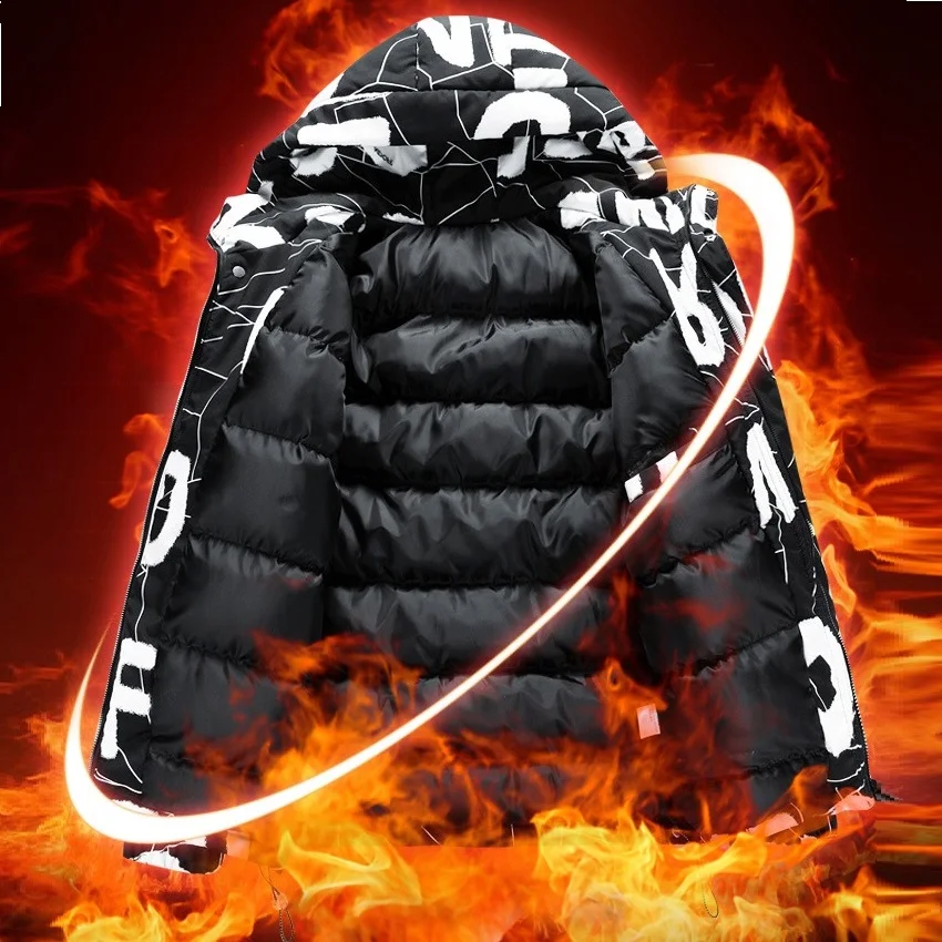 Mens Fashion Letter Printing Thickened Warm Hoodie Jacket Teenager Street Hip-hop Winter Jackets Outdoor Windproof Coats