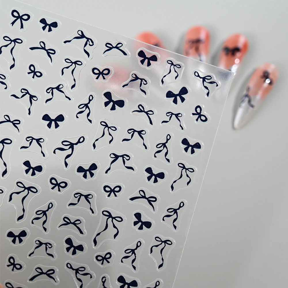 Kawaii 5D Sweet Bow Nail Stickers Pink Black White Long Ribbon Bowknot Self Adhesive Nail Art Stickers DIY Manicure Decor Decals 4