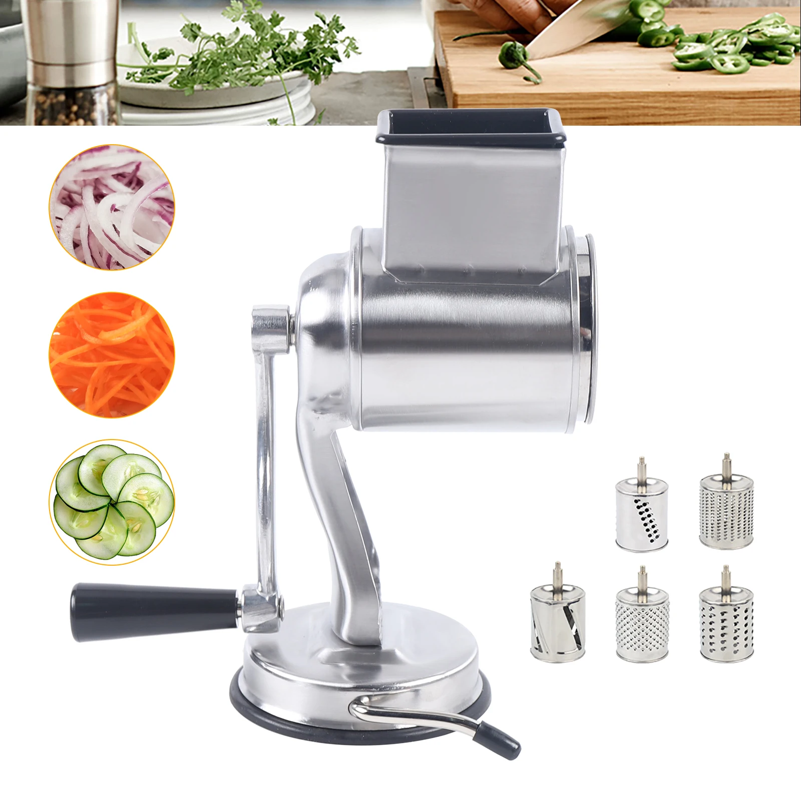 5 Blades Stainless Steel Grinder Kitchen Food Rotary Grater Drum Slicer