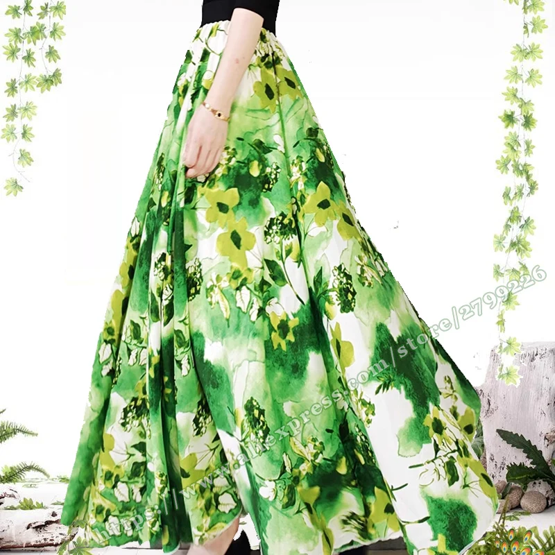 

2024 Green Flowers Chiffon Fashion Elegant Female Skirt harajuku Summer , 720 degree large Hem Dance women's skirts