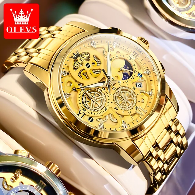 OLEVS 9947 Men Watch Original Luxury Brand Quartz Watch Advanced Waterproof All Gold Skeleton Watch 24-hour Moonphase Men Watch