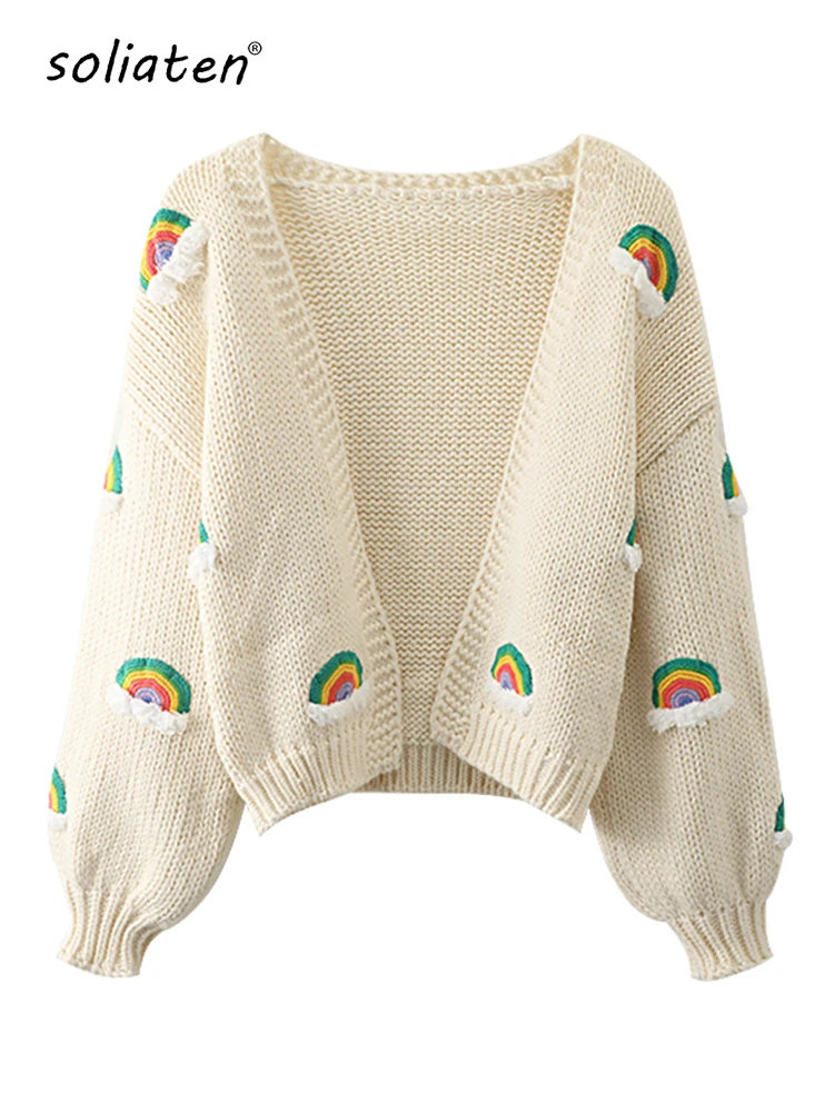 

Handmade Chunky Knit Tops Women 2022 Fashion Cropped Knitted Cardigan Sweater 90s Rainbow Streetwear C-048