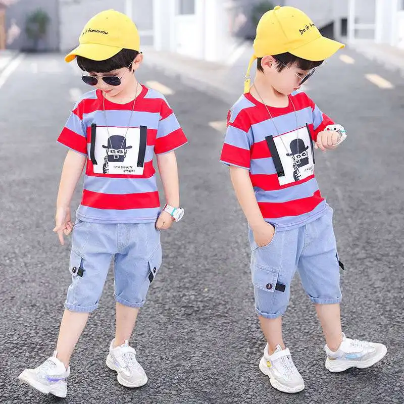 Summer Boys Clothing Kids Clothes Stripe Cotton T-shirt + Jeans Pant Boy Sets Infant Newborn Clothing 3 4 5 6 7 8 10 12 Years