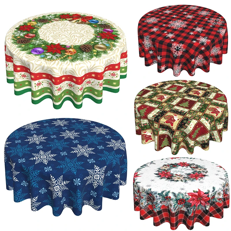 Round Vinyl Christmas Tablecloth 60 Inch with Flannel Backing,Plastic Red and Green, Waterproof and Oilproof