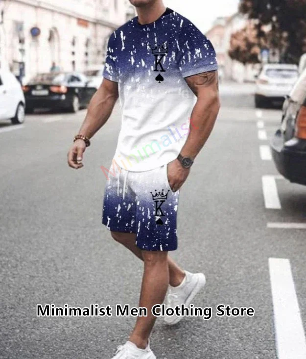 2024 New Summer Men's Set Casual Wear Men's T-shirt+Shorts Sports Suit Letters Playing Card Fashion Trend 2 Piece Outfits