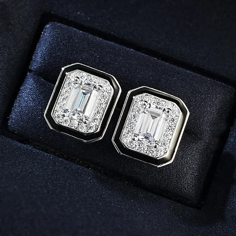 

925 Sterling Silver Emerald Cut Lab Sapphire High Carbon Diamonds Gemstone Ear Studs Earrings Fine Jewelry Wholesale