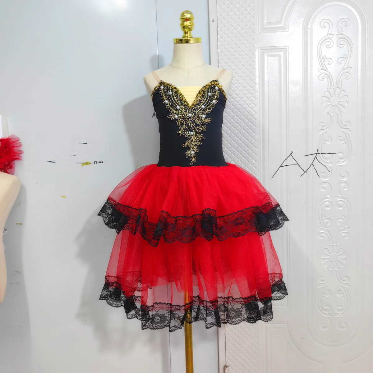 Spainish Red Ballet Tutu Skirt For Girls Soft Tulle Long Dress Performance Costumes