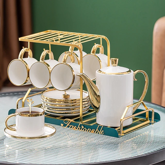 Arabic Ceramic Golden Tea Set with Teapot Milk Pot Sugar Jars