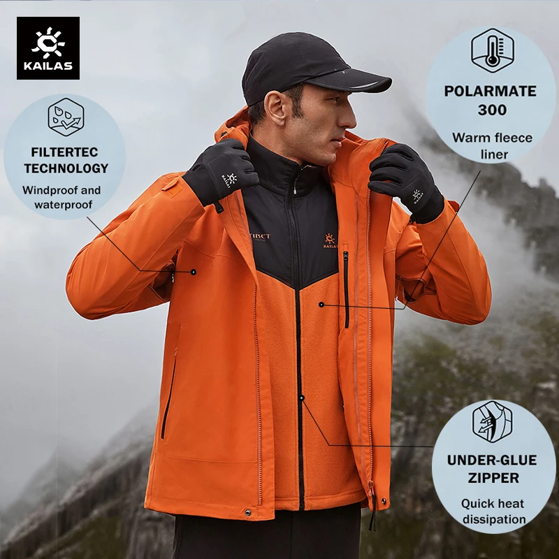 KAILAs 3-in-1 Hiking Jacket Men Hard Shell Windproof Waterproof Outdoor Fleece Trekking  Camping coat  2 Pics Set KG2331123