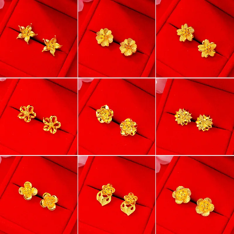 24K Gold Stud Earrings for Women Heart Clover Flower Korean Earrings Trendy Pure Gold Earings Wedding Fashion Jewelry Wholesale