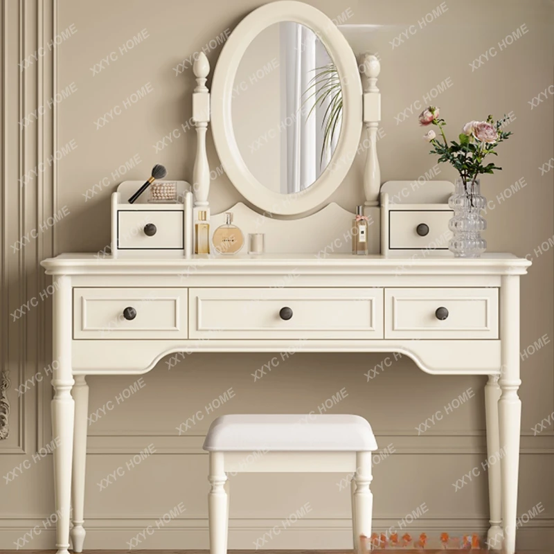 

Solid Wood White Dressing Table Simple Bedroom Light Luxury Small Apartment Multi-Functional Makeup Table with Mirror Integrated