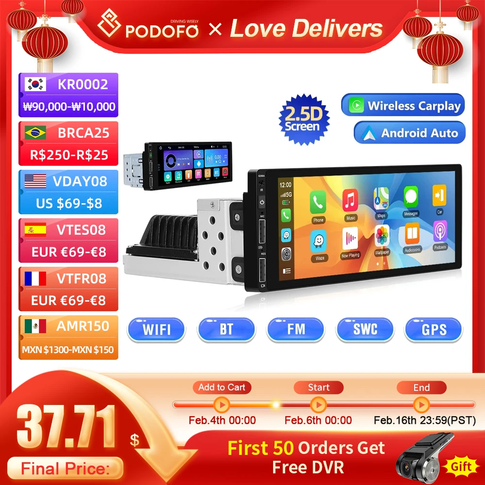 Podofo Android 1 Din Autoradio 6.86 ''Lettore Mp5 Carplay Android Auto Wince Lettore Multimediale Universale Bluetooth Car Stereo