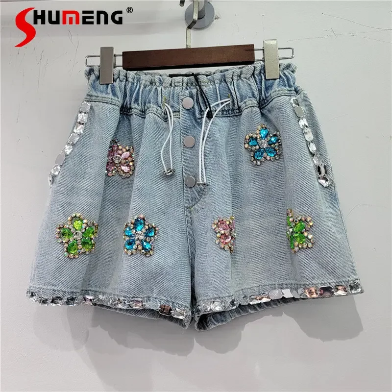 

2023 Summer New Heavy Handmade Flower Rhinestone-Embedded Elastic Short Pants High Waist Loose Slimming Denim Wide Leg Shorts