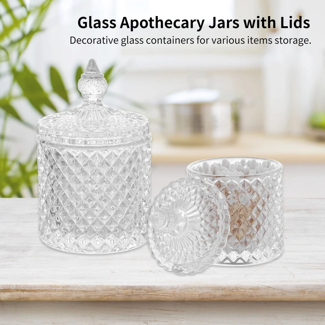 2Pcs Glass Apothecary Jars Set Crystal Vanity Organizers Makeup Storage Containers Decor Canisters For Home Kitchen (20oz+10oz) 2