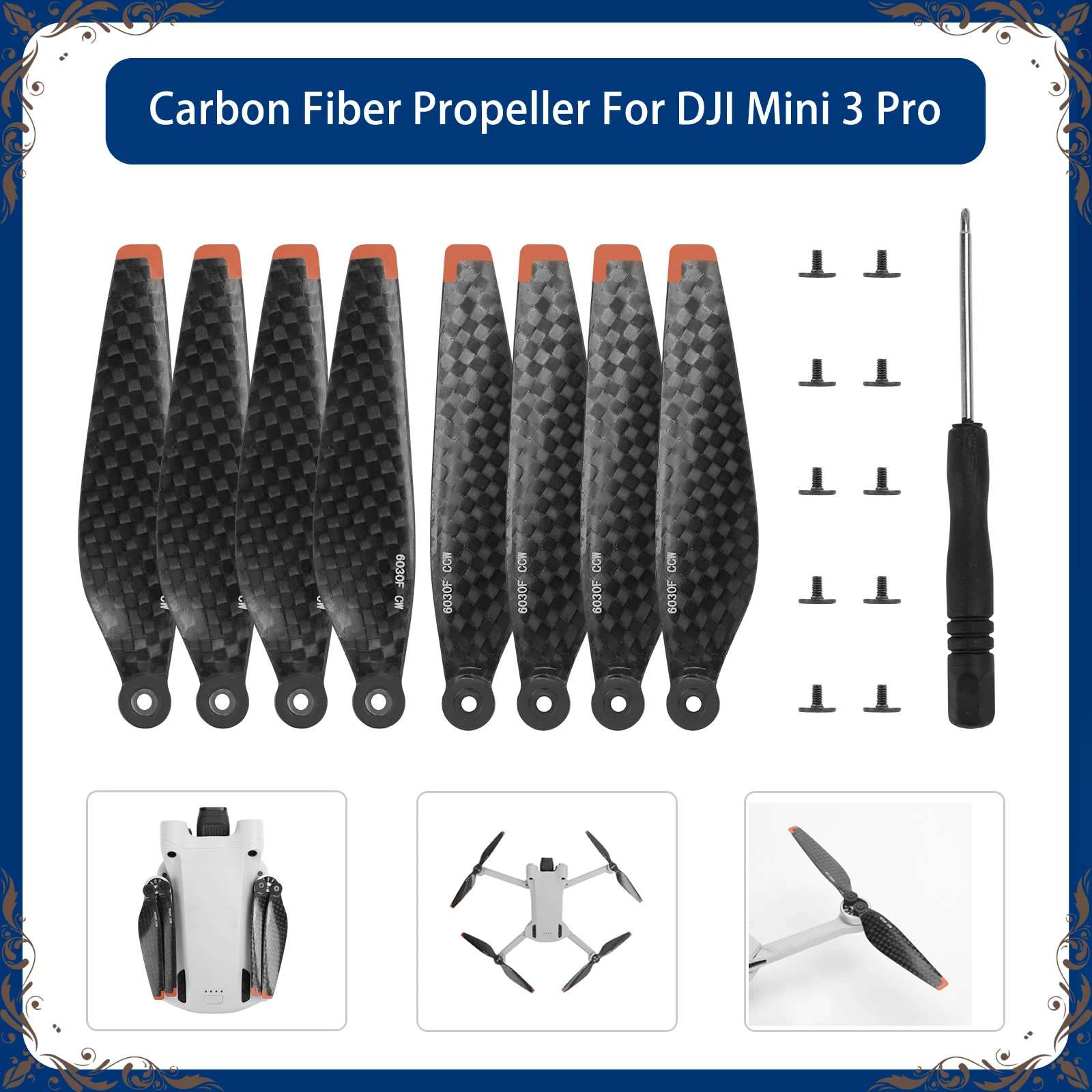 

Carbon Fiber for DJI Mini3 Pro Propellers 6030F Low Noise Lightweight Quick Release 8pcs Propeller Storage Bag Accessories