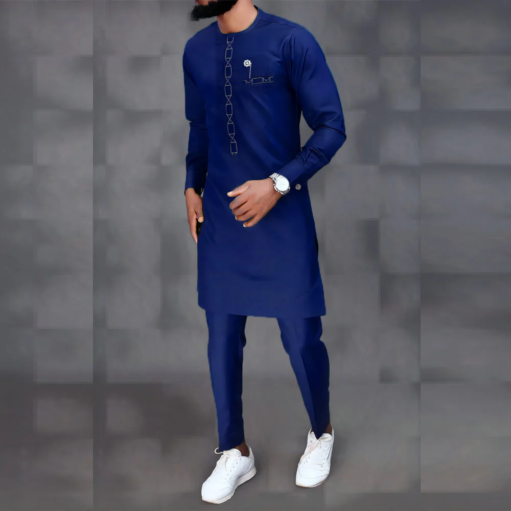 Men's Elegant Suit Pants Set Embroidery Crew Neck Long Sleeve Solid Color Two-piece Social African Men's Style (M-4XL)