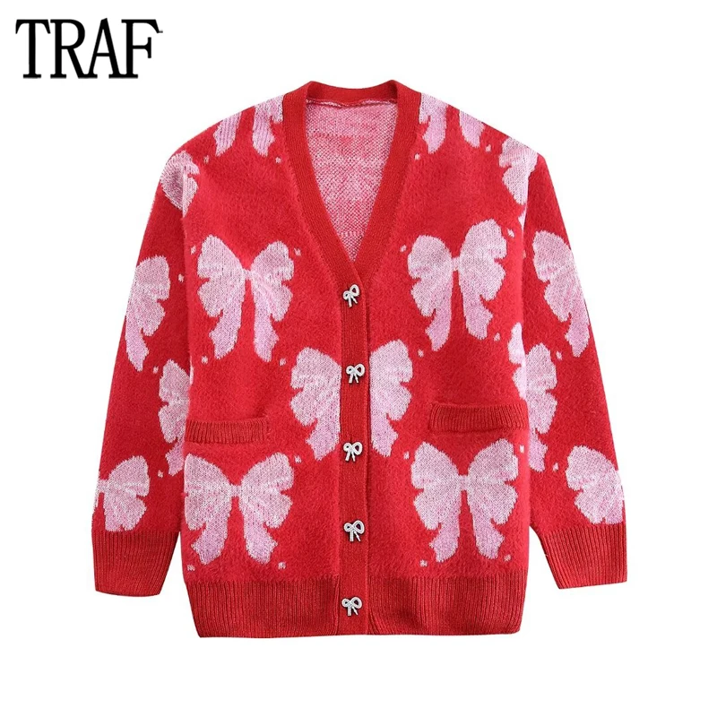 

TRAF 2024 Jacquard Cardigans for Woman Red Knitted Oversized Sweater Women Long Sleeve Button Cardigan Women Winter Knitwears