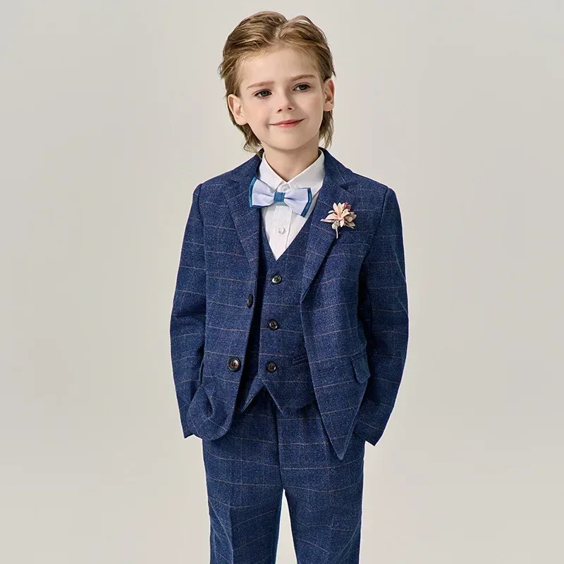 

Children Plaid Jacket Vest Pants Bowtie 4PCS Photography Suit Flower Boys Wedding Dress Kids Birthday Party Ceremony Costume