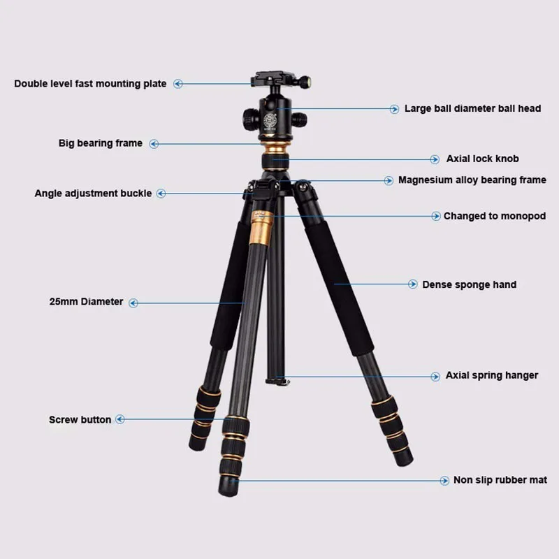 QZSD Q999C Professional Carbon Fiber Camera Tripod Monopod Extendable Travel Video Tripod with Ball Head and Quick Release Plate