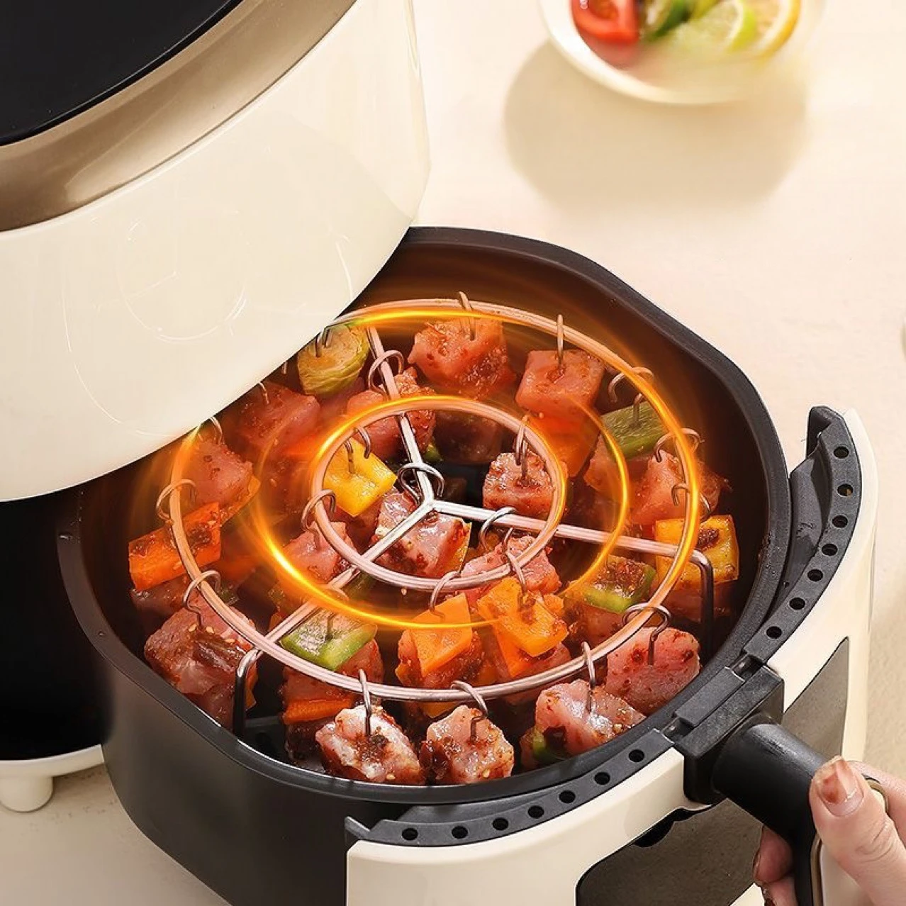 Vertical Stainless Steel Air Fryer Grill Rack Round BBQ Grill for Home Oven Kitchen Skewers Foldable Design 1pcs